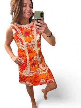 Vintage 1960s Ethel Allen Stamford Floral tropical embroidered Mod Shift Dress